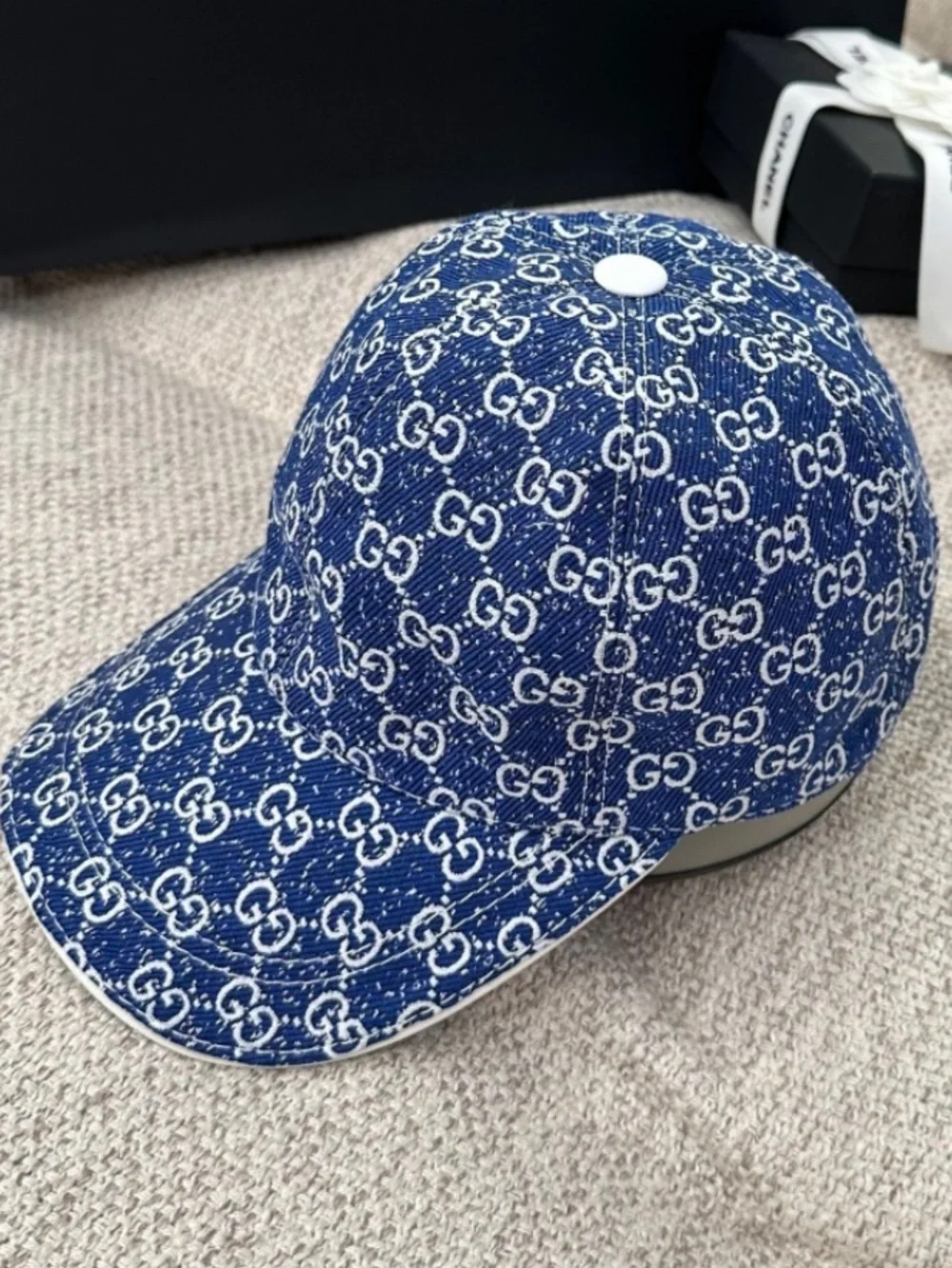 Double G Designer Denim Blue Jean Monogram Logo Baseball Hat Cap